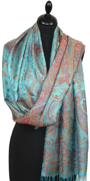 Étole en Soie Turquoise-Orange-Vert