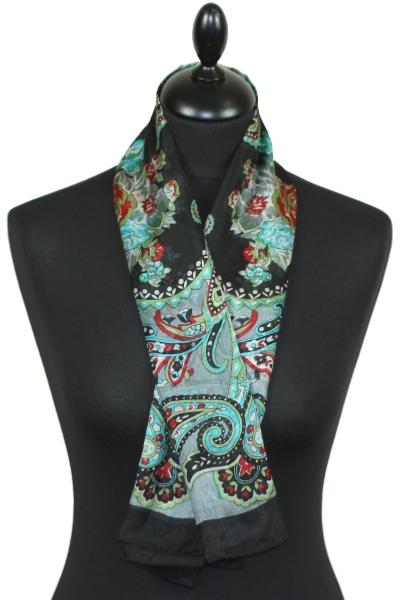 Foulard carré en soie noir-bleu-gris