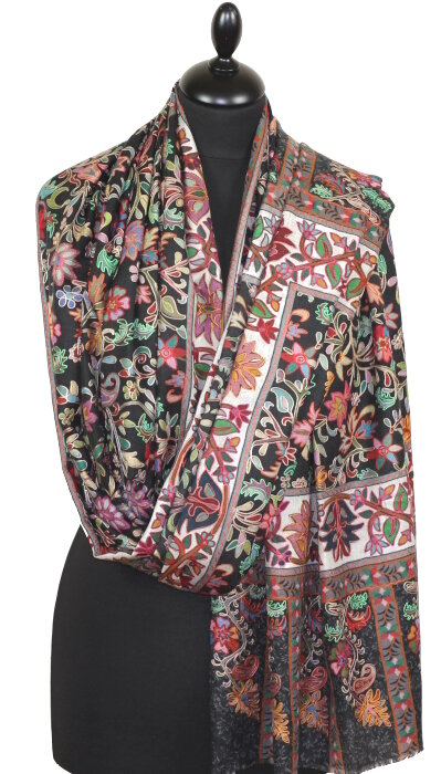 Châle Cachemire Noir Floral Brodé