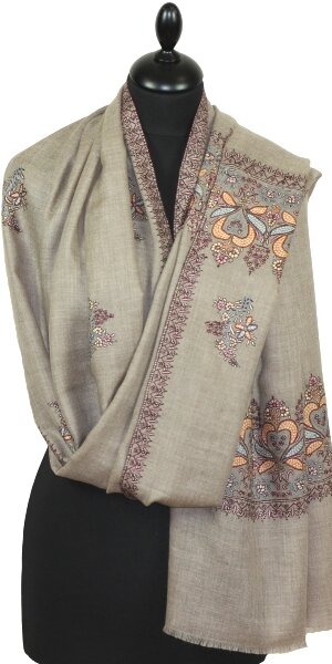 Pashmina Beige-Gris Brodé à la Main