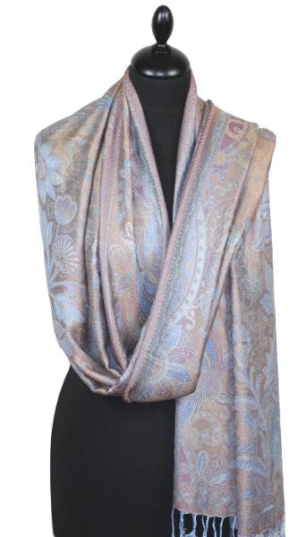 Étole en Modal/Soie Beige-Bleu-Corail