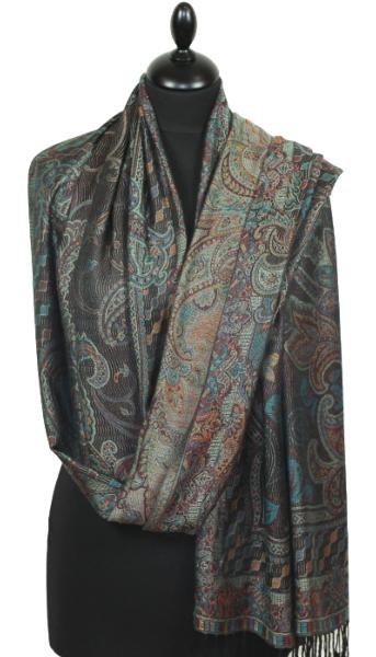 Étole Modal/Soie noir-orange-turquoise