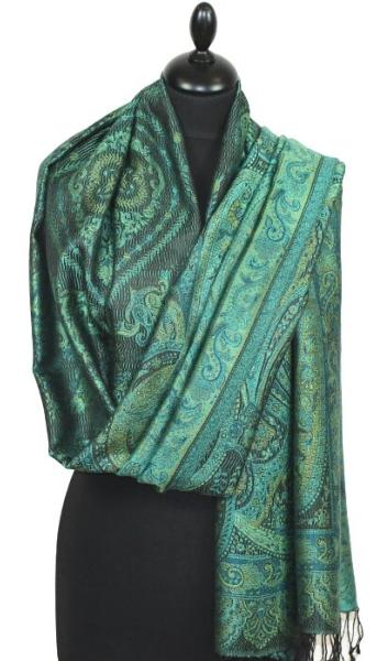 Étole en Soie Noir-Turquoise-Vert