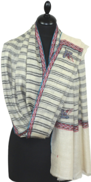 Pashmina ivoire-noir-rouge brodé main