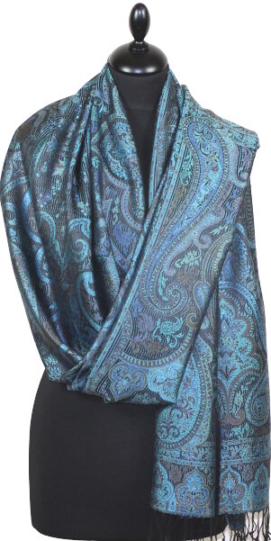 Étole en Soie Noir-Turquoise-Beige